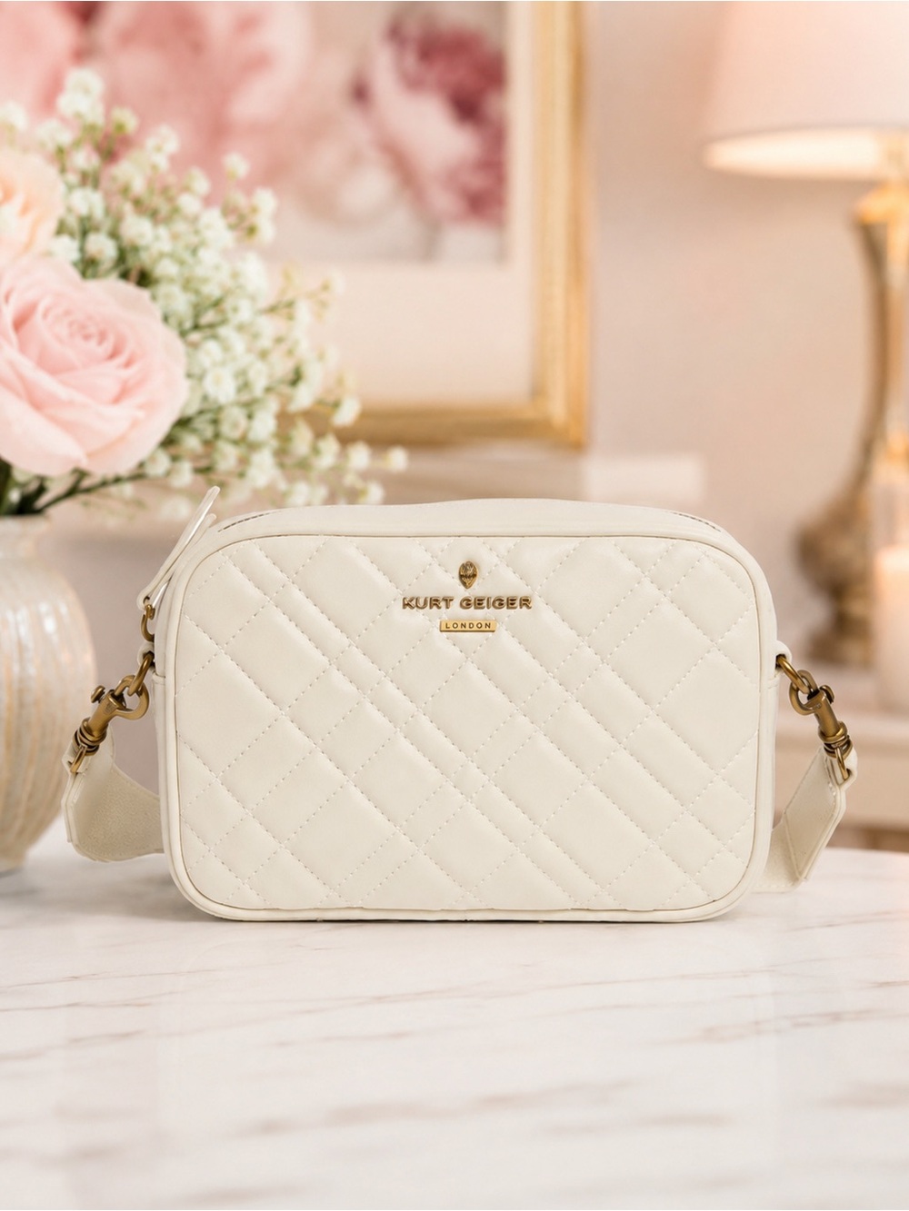 Kurt Geiger Brixton Large Quilted Camera Crossbody Bag with Gold Eagle/Hardware